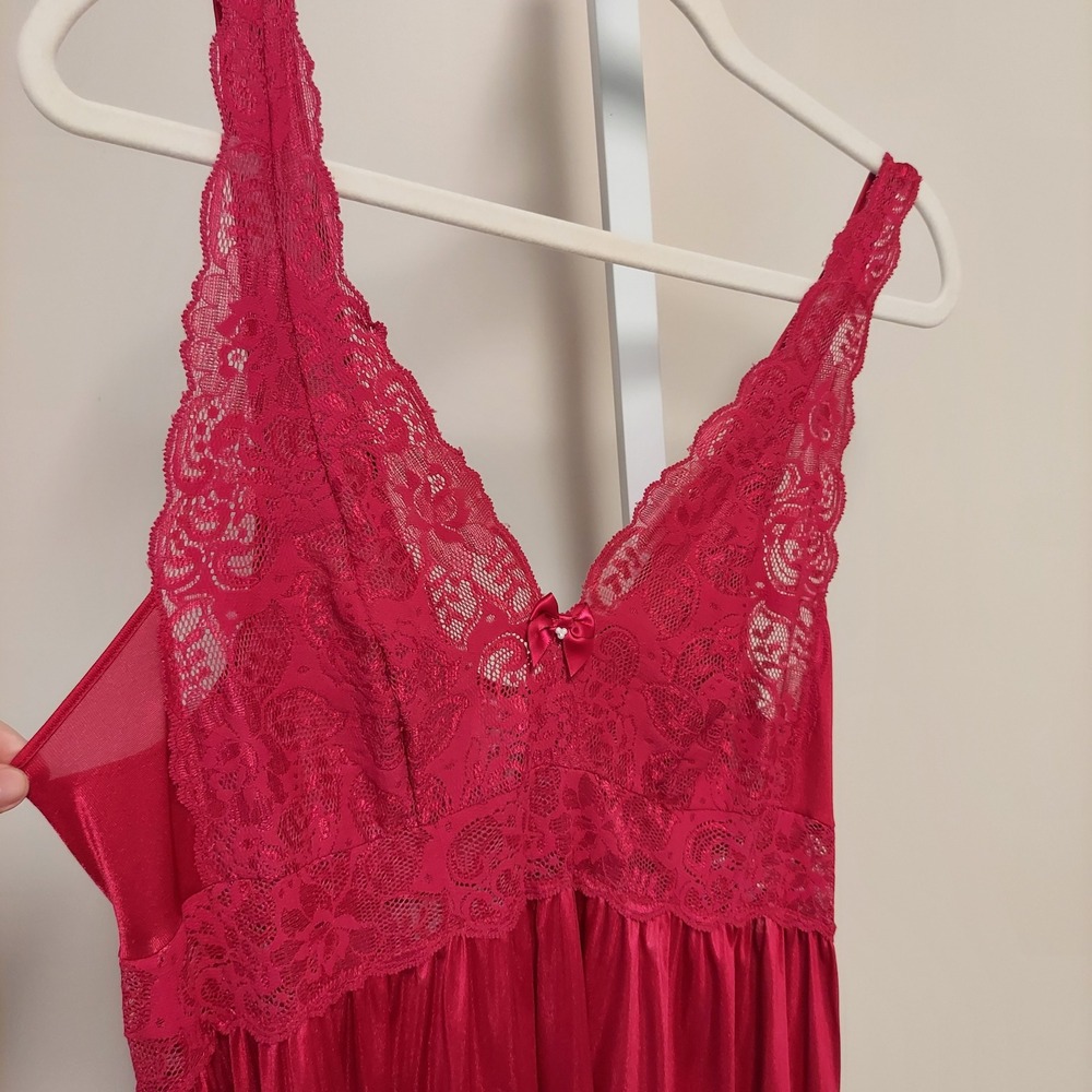 Shadowline Lace Bodice Nightgown Maxi Sleep Dress V-Neck Bow L Coquette Romantic